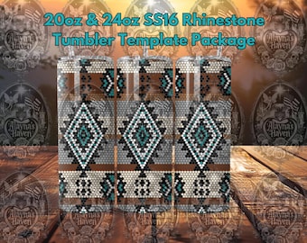 May include: A digital template package for 20oz and 24oz SS16 rhinestone tumblers featuring a geometric pattern in brown, white, black, and turquoise. The text 20oz & 24oz SS16 Rhinestone Tumbler Template Package is displayed at the top.