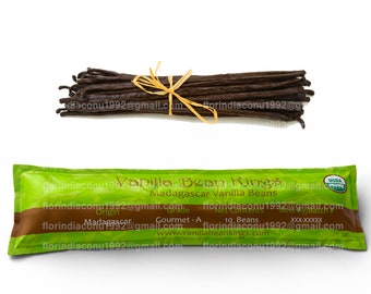 May include: A close-up of a package of 10 Madagascar vanilla beans. The package is green and brown with the text "Vanilla Bean Kings" and "Madagascar Vanilla Beans". The USDA Organic seal is visible on the package.