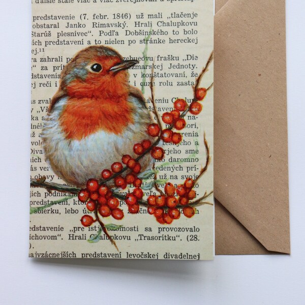 GREETING CARD Robin sea Buckthorn + envelope / Birds / Blank Greeting Card from original Luckybird Paintings / Suitable for any occasion