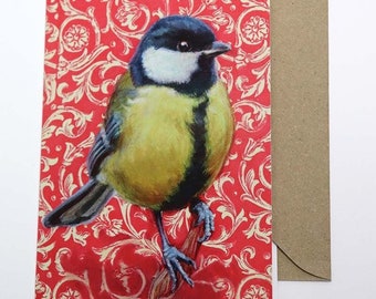 CARTE DE VUX Mésange charbonnière + enveloppe / Oiseaux / Carte de voeux vierge à partir de peintures originales de Luckybird / Convient pour toutes les occasions