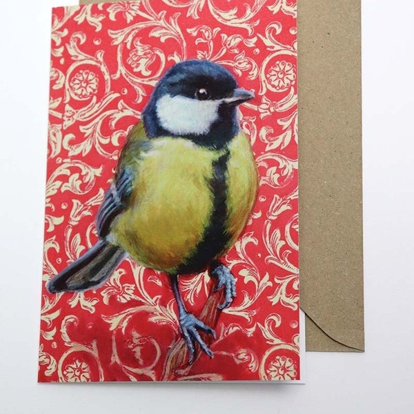 GREETING CARD Great tit + envelope / Birds / Blank Greeting Card from original Luckybird Paintings / Suitable for any occasion