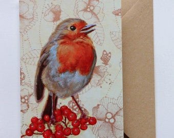 CARTE DE VUX Robin rouge baies + enveloppe / Oiseaux / Carte de voeux vierge à partir de peintures originales de Luckybird / Convient pour toutes les occasions