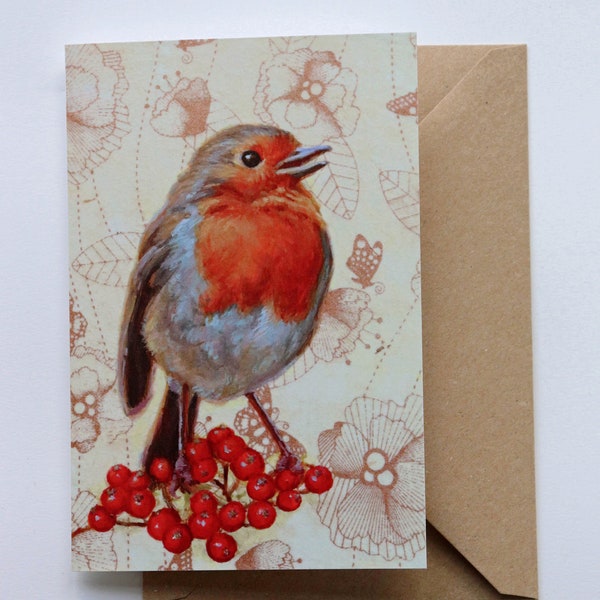 GREETING CARD Robin red Berries + envelope / Birds / Blank Greeting Card from original Luckybird Paintings / Suitable for any occasion