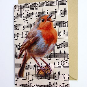 DUBBELE KAART Roodborstje Muzieknoten / Ontwerp van Luckybirdart / geschikt voor elke gelegenheid