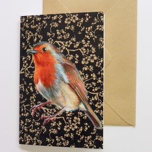 DUBBELE KAART Roodborstje zwart&goud / Vogels / Blanco ontwerp met envelop / Geschikt voor elke gelegenheid