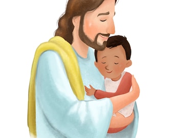 Christ holding little dark skinned baby, Latino kid, Lds art, Christian painting
