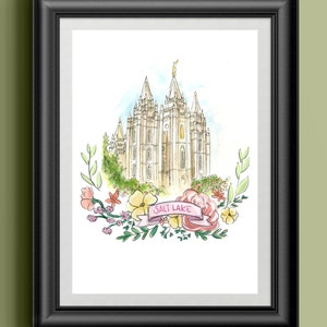 Salt Lake Watercolor Temple Digital Print, Salt Lake City Utah, LDS Temple, Mormon, House of the Lord, painting, floral wreath, flowers