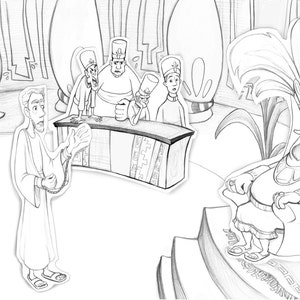May include: A black and white illustration of a man in chains speaking to a group of people behind a counter. A large, seated figure with a feathered headdress sits on a platform in the background.