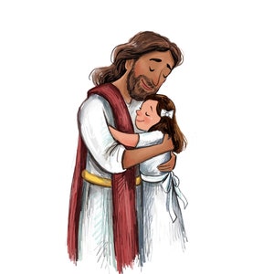 May include: A painting of a man with a beard and long brown hair hugging a young girl. The man is wearing a white robe with a red sash and the girl is wearing a white dress.
