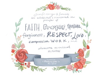 Family A proclamation to the world quote print, young woman decoration, floral banner, liahona for families, LDS Latter Day Saint art