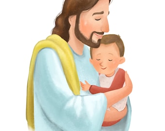 Christ holding little boy, blonde child, Asian baby, blond kid, nursery decor, strawberry, Christian art, LDS decor, Mormon print, kid room