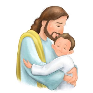 Regalo de bautismo para niño pequeño, Cristo abrazando al niño, archivo imprimible de ilustración de dibujos animados, SUD, Mormón, Santo de los Últimos Días, niño de la primaria