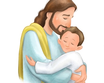Baptism gift for little boy, Christ hugging child, cartoon illustration printable file, LDS, Mormon, Latter Day Saint, primary kid