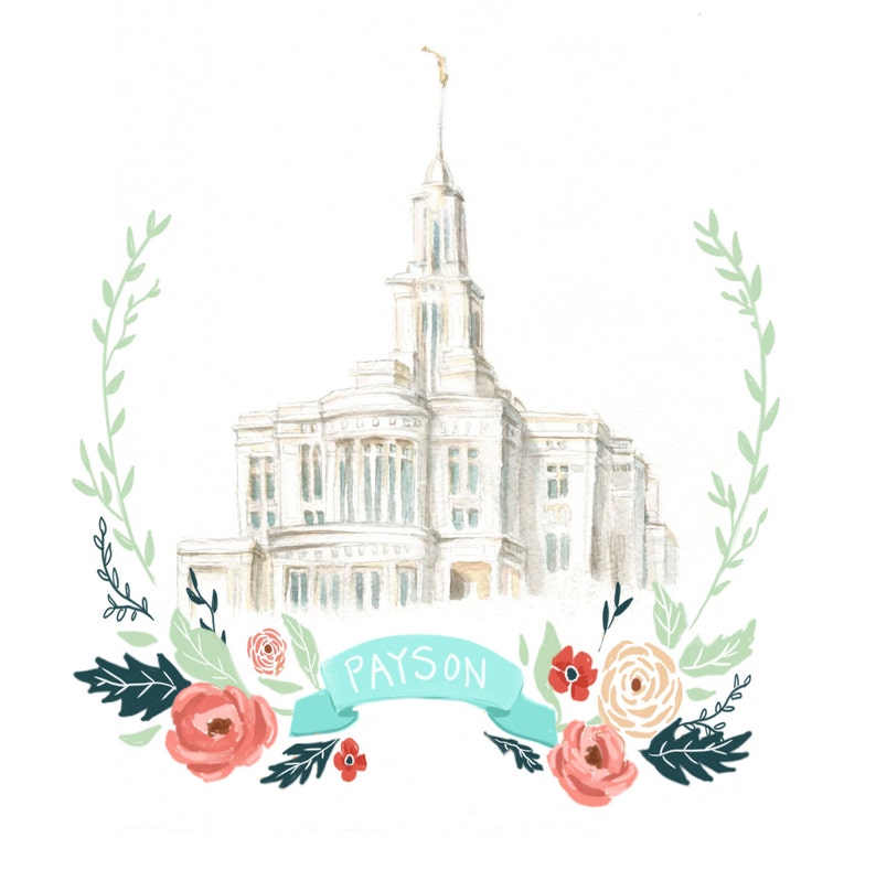 Payson Temple Watercolor, flower wreath design, printable art, digital file, LDS art, Mormon drawing, latter day saint artwork, FHE, image 1