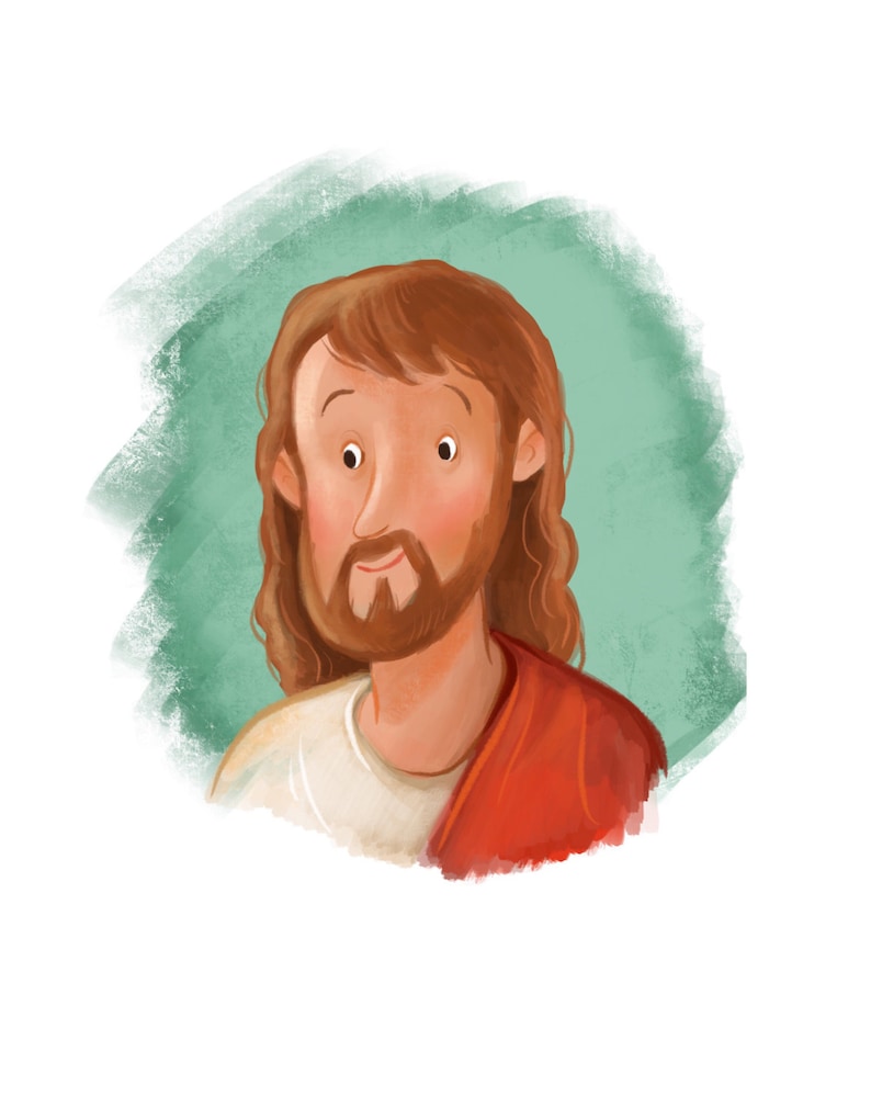 May include: Illustration of a man with long brown hair, a beard, and a red shawl. He is wearing a white shirt. The background is a light green color.