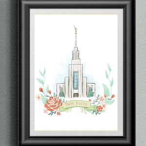 LDS Temple Twin Falls, Mormon Temple, Latter Day Saint Idaho Temple, flower wreath, flowers digital painting, printable file