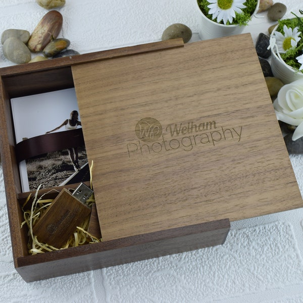 1 Personalised Wedding Dark Wooden Block USB Stick & Photo Box for Print Size 6" x 4" | Custom Branded for You! | 8GB | 16GB | 32GB USB 3.0