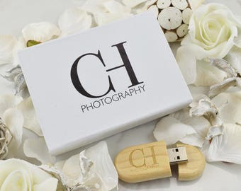 1 Personalised Wedding Wooden Pebble USB Stick & White Magnetic Box | Custom Branded for You! | 8GB | 16GB | 32GB | USB 3.0