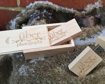 20 Personalised Wedding Light Wooden Block USB Stick & Slide Box | Custom Branded for You! | 8GB | 16GB | 32GB | USB 3.0