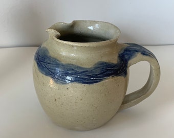 Vintage mini pitcher signed Peg. Studio pottery natural and blue color home decor