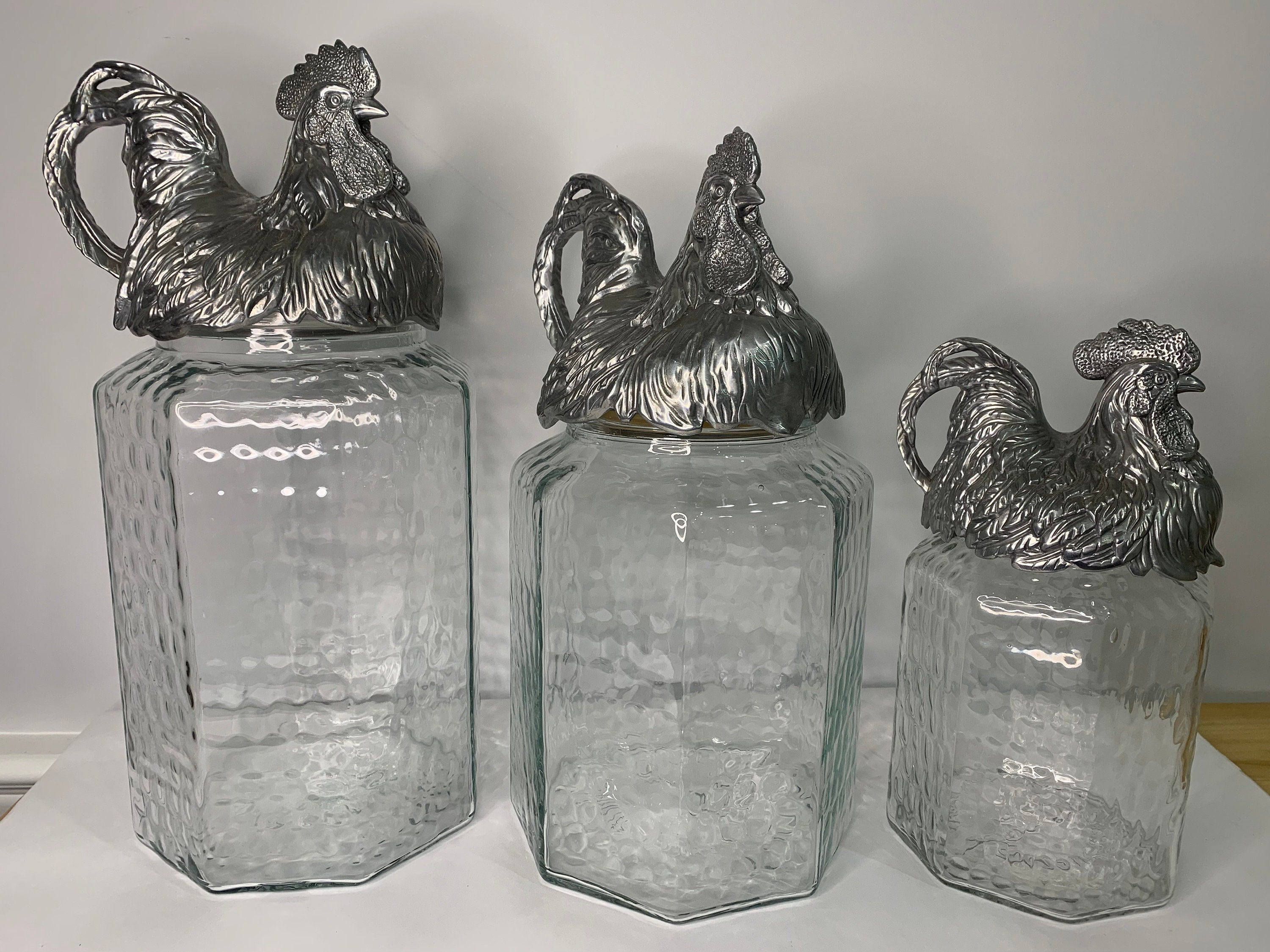 Arthur Court 3 Pc Set Canister, Glass Jars With Metal Rooster