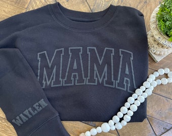 MAMA Puff Design Sweatshirt with Name on Sleeve| Puff Design Sweatshirt| Custom Puff Print Sweatshirt| Embossed Sweatshirt