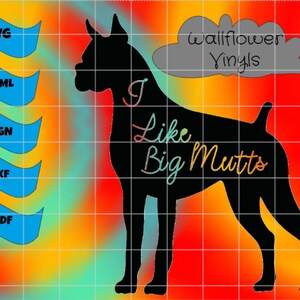 Peut inclure: Silhouette noire d'un chien avec le texte "J'aime les gros chiens" en couleurs arc-en-ciel. Le texte "Wallflower Vinyls" est dans un nuage gris au-dessus du chien.