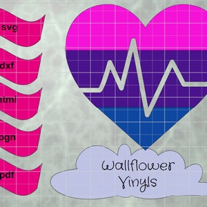 May include: A digital design featuring a heart in pink, purple, and blue with a white heartbeat line. The image includes the text "Wallflower Vinyls" and pink banners with file type abbreviations: SVG, DXF, HTML, PNG, and PDF.