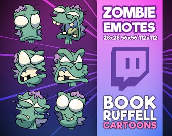 May include: A set of six green zombie cartoon emotes for Twitch. The emotes are in different expressions, including surprised, angry, sad, and happy. The emotes are designed in a cartoon style with large eyes and exaggerated features. The text "ZOMBIE EMOTES" is at the top of the image, followed by "28x28 56x56 112x112". The Twitch logo is in the middle of the image, and the text "BOOK RUFFELL CARTOONS" is at the bottom of the image.