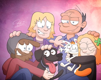 Puede incluir: Un grupo de cuatro personajes de dibujos animados, dos adultos y dos niños, están reunidos con un perro negro y un gato blanco. Los adultos sonríen y los niños miran a la cámara. El perro saca la lengua y el gato mira a la cámara.