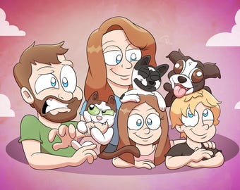 Digitalt porträtt av seriefigurer - Anpassat familjeporträtt