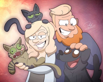 Puede incluir: Una ilustración de dibujos animados de una familia con dos gatos y un perro. La mujer está sosteniendo un gato rayado en sus brazos, mientras que el hombre está sosteniendo un perro negro. Un gato negro con ojos verdes está sentado en el hombro de la mujer.
