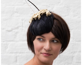 Black and gold fascinator,black feathers,gold leather,wedding accessory,bridesmaid headpiece,special occasion small hat,wedding fascinator
