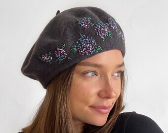 Grey beret, unique hand embroidered beret, dark grey French wool beret,embroidered flowers, soft hand stitched women,girl hat,Christmas gift