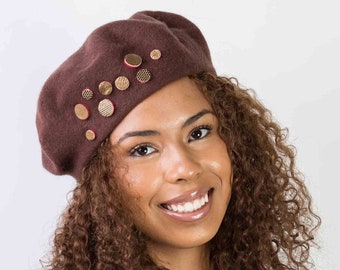 Unique brown beret, French wool beret, chocolate-brown soft Autumn,Winter woman’s, girl hat, gold ,red trimming, felt dots,leather dots.