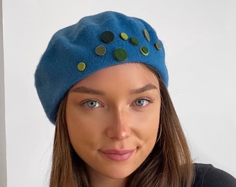 Unique blue beret,teal beret,petrol, turquoise Winter hat woman’s,girl hat,green,olive green,dark green leather and felt dots,100% soft wool