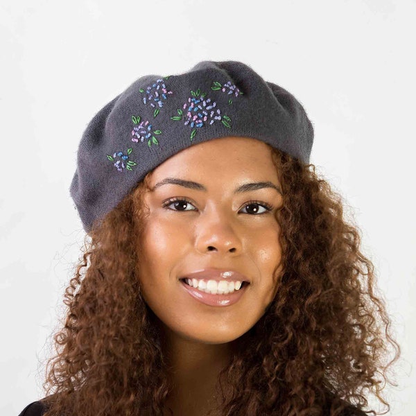 Grey beret, unique hand embroidered beret,dark grey French wool beret,lilac,blue embroidered flowers,soft hand stitched hat,Christmas gift