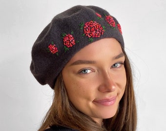 Grey beret, unique hand embroidered beret, dark grey French wool beret,red embroidered flowers, soft hand stitched women, hat,Christmas gift