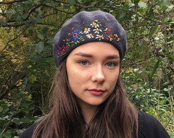 Grey beret,unique hand embroidered beret, grey French wool beret, hand stitched flowers,embroidered woman,ladies,girl hat,Christmas gift