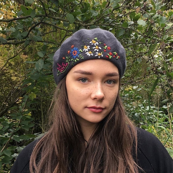 Grey beret,unique hand embroidered beret, grey French wool beret, hand stitched flowers,embroidered woman,ladies,girl hat,Christmas gift