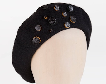 Unique black beret,French wool beret,soft Autumn,Winter woman’s,girl hat,black patent leather dots, amber dots,honey trimming, mustard dots.