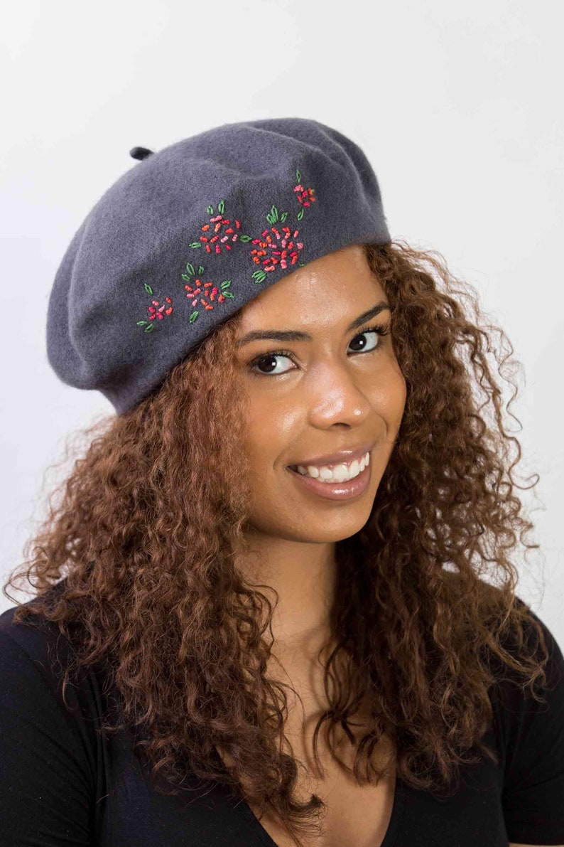 Grey Beret Unique Hand Embroidered Beret Dark Grey French Etsy