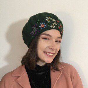 Grey beret,unique hand embroidered beret, grey French wool beret, hand stitched flowers,embroidered woman,ladies,girl hat,Christmas gift Dark green