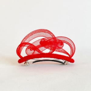 Red hair clip, unique hand made scarlet mesh barrette, French hair clip,designer hair barrette, modern hair accessory, wedding accessory.