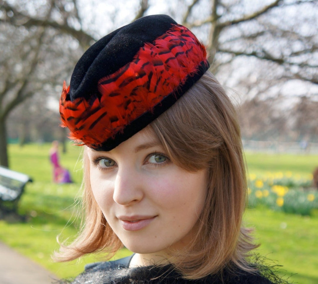 Military Style Black,red Hat,small Velour Felt Hat,red French Partridge Feathers,ladies Forage