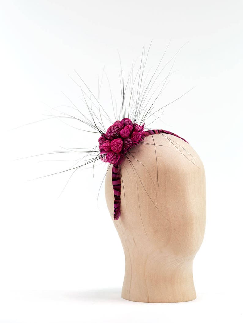 Fuchsia fascinator, pink cocktail hat, magenta feather, rose fascinator, party hat, bridesmaid headpiece,wedding fascinator,sinamay headband image 2