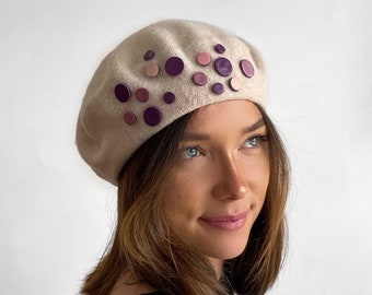 Unique beige beret, camel French wool beret,light brown, Winter woman’s,girl hat,mauve, lilac, purple, pink leather,felt dots,100% soft wool