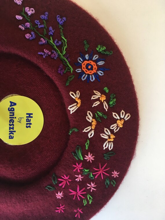 Burgundy Beret,unique Hand Embroidered Beret,maroon French  display picture 2