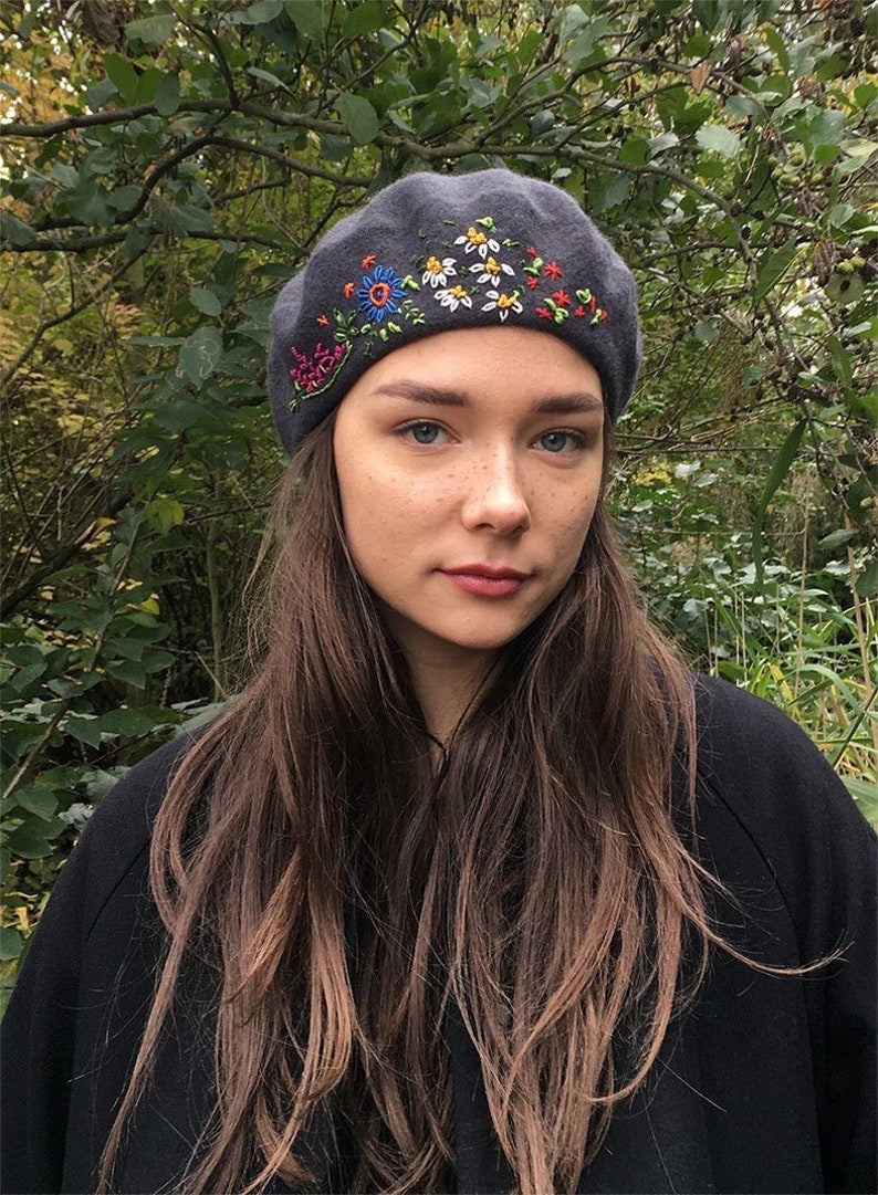 Grey beret,unique hand embroidered beret, grey French wool beret, hand stitched flowers,embroidered woman,ladies,girl hat,Christmas gift image 1