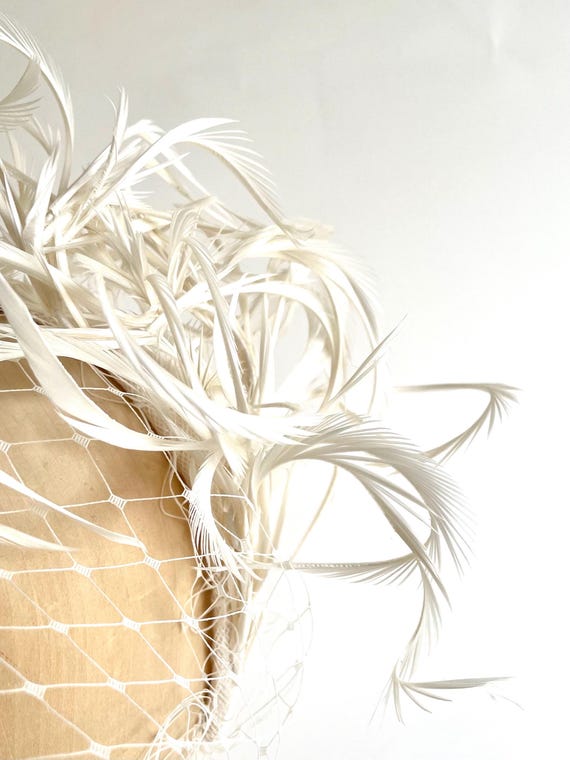 Elegant Ivory Feathered Fascinator Natural Straw Fascinator Hat With Ivory Feather Flower  main image 4